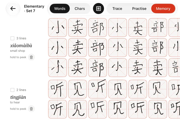 Memory, on iPad: the Memory tab selected; no models, the words hidden behind “hold to peek”, only pinyin and meaning